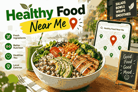 Healthy food near me featuring a fresh nutritious meal bowl and local food search