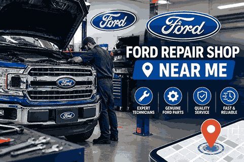 Ford repair shop near me with mechanic servicing a Ford truck in a professional auto repair garage