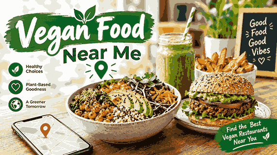 Vegan food near me featuring healthy plant-based meals, vegan burger, smoothie, and restaurant location map