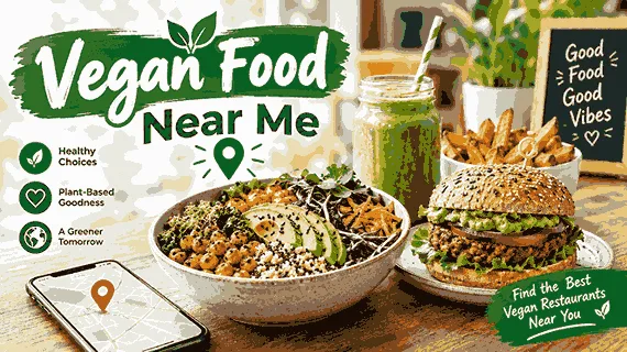 Vegan food near me featuring healthy plant-based meals, vegan burger, smoothie, and restaurant location map
