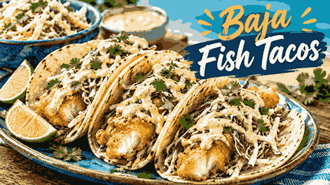 Baja Fish Tacos with crispy fried fish, cabbage slaw, creamy sauce, cilantro, and lime